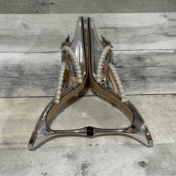 MACH & MACH Diamond Of Elizabeth Imitation Pearl Pointed Toe Mule Silver Sz-38/8 - Picture 6 of 14